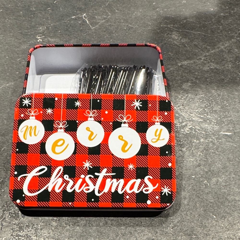 Plaid Merry Christmas Tin Box with Bobby pins
